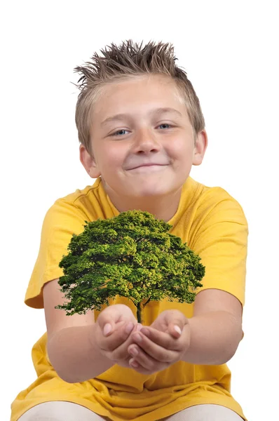 Menino com árvore na palma da mão — Fotografia de Stock