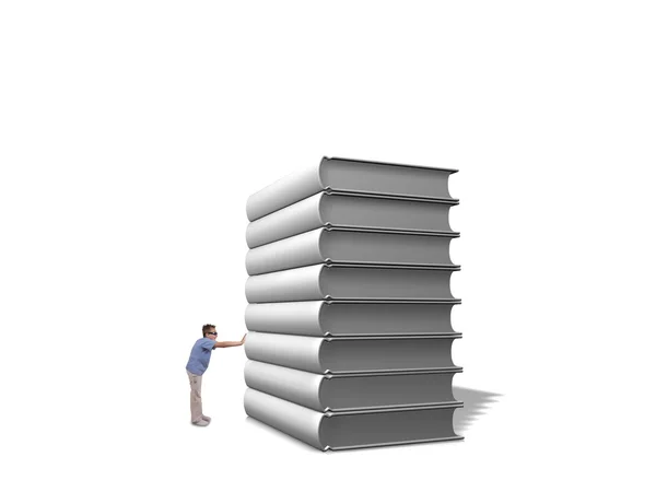 Мальчик сидит на вершине кучи белых книг на белом фоне — стоковое фото