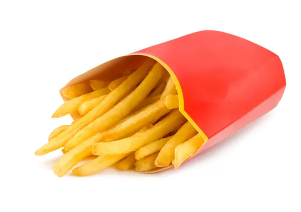 Frites dans une boîte en carton rouge — Photo