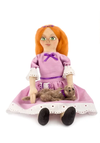 Soft toy girl and cat — Stock Photo, Image