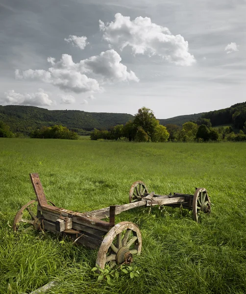 밭에 있는 낡은 마차 — 스톡 사진