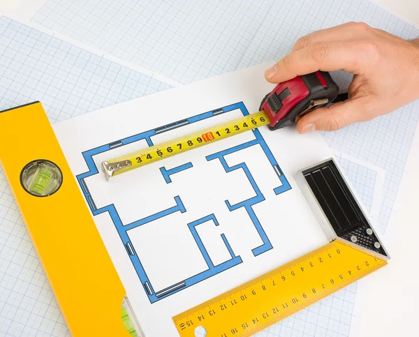 Evde Arka Plan Grafik Kağıt Üzerinde Inşaat Araçlarıyla Çizim — Stok fotoğraf