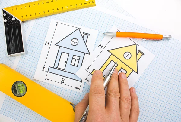 Dibujo Casa Con Herramientas Construcción Sobre Fondo Papel Gráfico —  Fotos de Stock