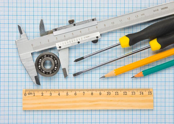 Calipers, bearing and square — Stock Photo, Image