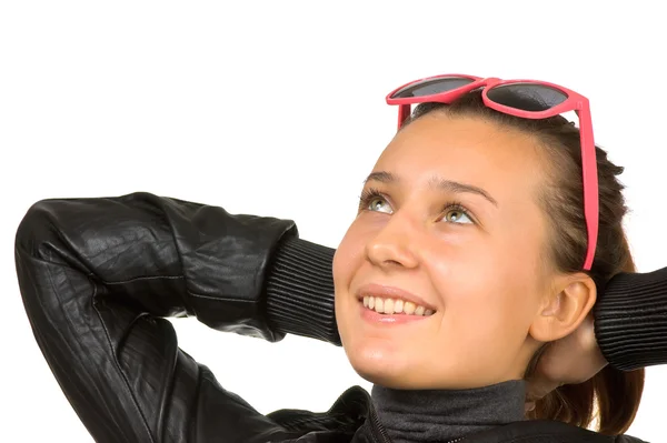 Junge Schöne Mädchen Mit Sonnenbrille Isoliert Auf Weißem Hintergrund — Stockfoto