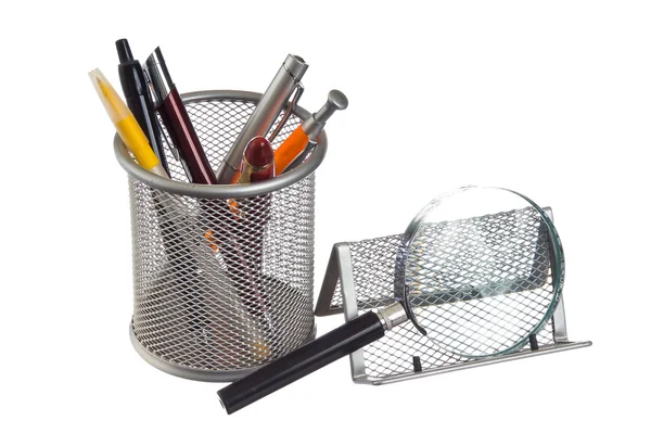 Basket Pens Pencils Isolated White Background — Stock Photo, Image