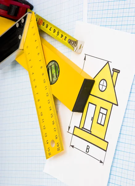 Drawing at home with construction tools — Stock Photo, Image