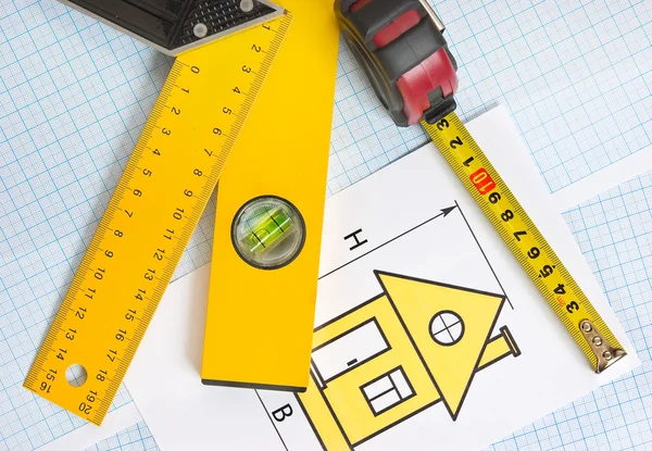 Kresba Doma Nástroji Konstrukce Pozadí Milimetrový Papír — Stock fotografie