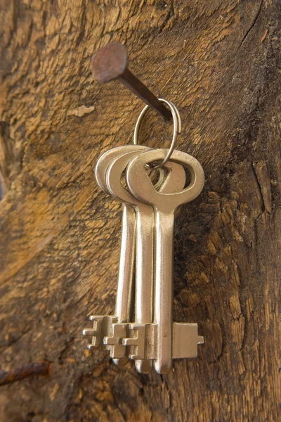 Vergessene Schlüssel Einem Alten Nagel Der Wand Verstopft — Stockfoto