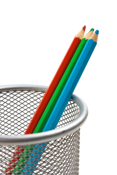 Crayons Dans Panier Isolés Sur Fond Blanc — Photo