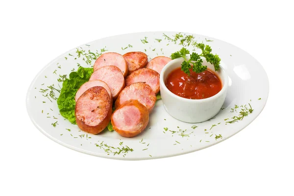 Баварські ковбаски з кетчупом — стокове фото