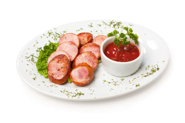 Salsicce Bavaresi Con Ketchup Isolato Fondo Bianco — Foto Stock