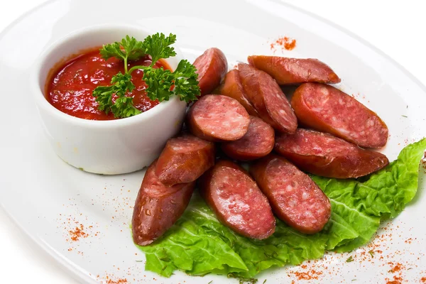 Bavarian Sausages Ketchup Isolated White Background — Stock Photo, Image