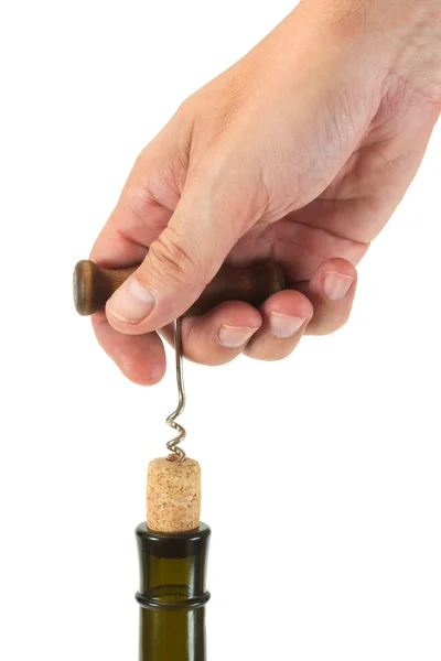 Pulling corkscrew cork from the bottle — Stock Photo, Image