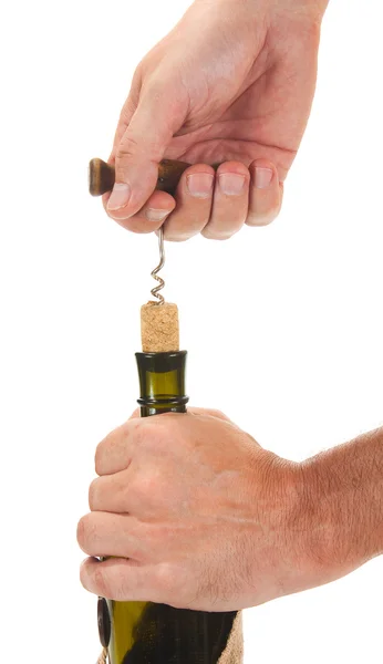 Pulling corkscrew cork from the bottle — Stock Photo, Image