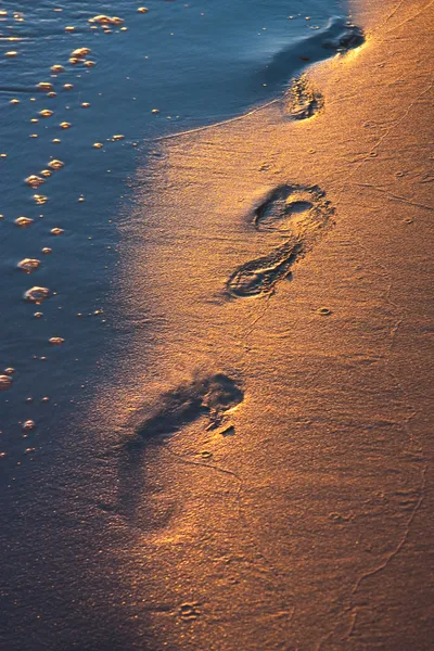 stock image Footprints in the sand in the light of the sunset