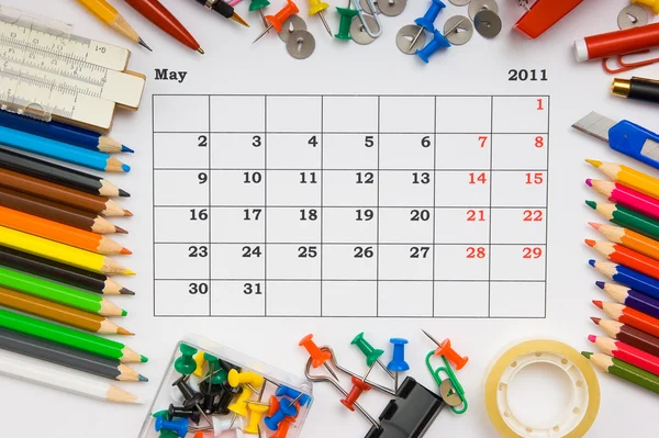 Monthly calendar with office and stationery for 2011 — Stock Photo, Image