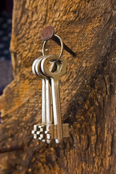 Забытые ключи на старом ногте — стоковое фото