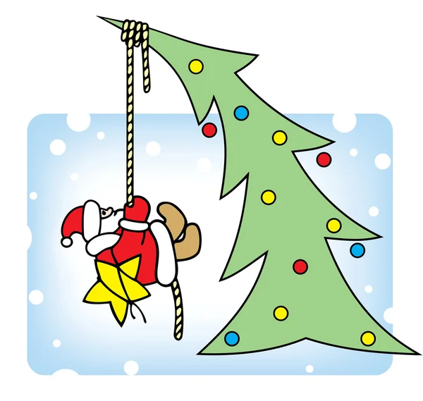 Der Weihnachtsmann schmückt einen Weihnachtsbaum. — Stockvektor