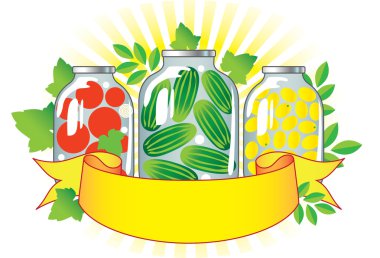 Canned fruits and vegetables in glass jars. clipart