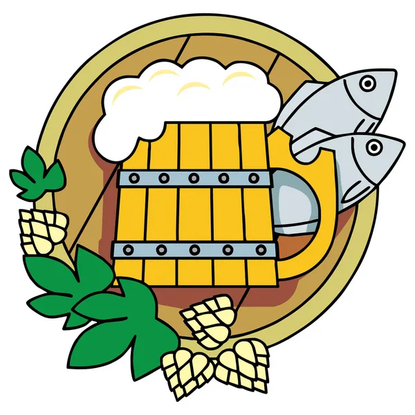 Bier mit Hopfen, Fass und Fisch. — Stockvektor