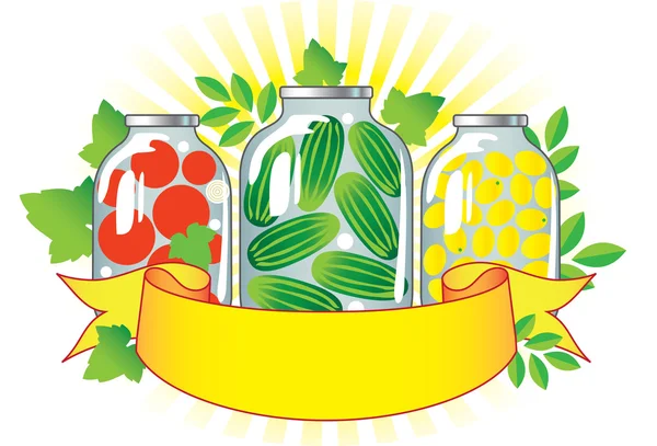 Frutas e legumes enlatados em frascos de vidro . — Vetor de Stock