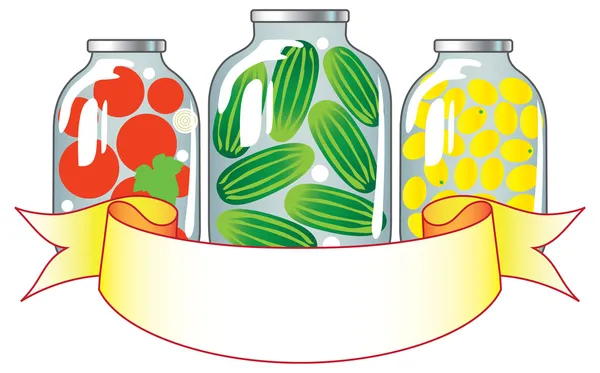 Fruits et légumes en conserve dans des pots en verre . — Image vectorielle