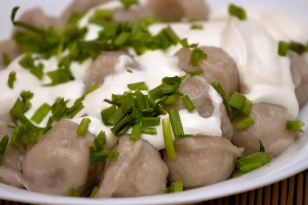 Meat dumplings with green onion and sour — Stock Photo, Image