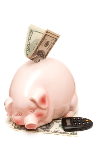 Piggy bank com dólares e calculadora de pinos — Fotografia de Stock