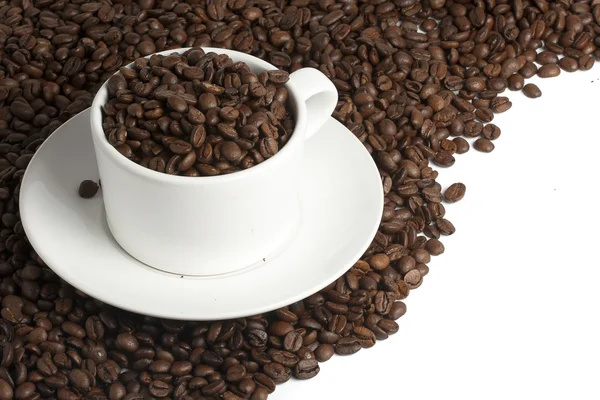 Vit kaffekopp på bönor — Stockfoto
