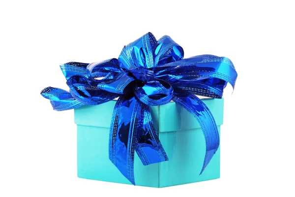 Turkusowe pudełko z niebieską wstążką łuku — Zdjęcie stockowe