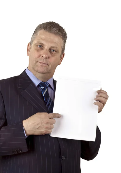Mature businessman whith blank card in a hand — Stock Photo, Image