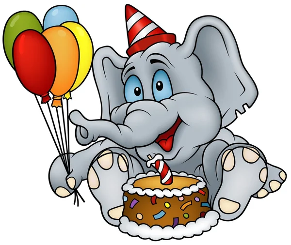 Elefante sentado e bolo de aniversário — Vetor de Stock