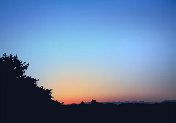 Восход солнца - Силуэт кустарника и горы — стоковый вектор