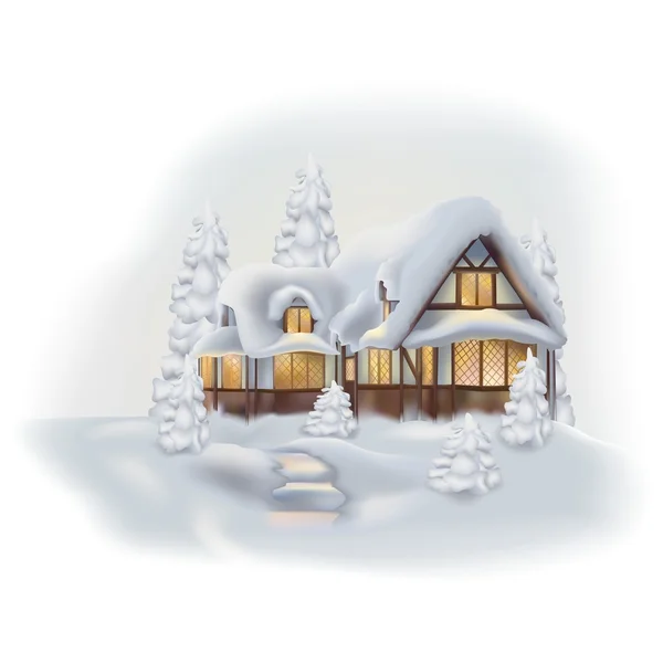 Casa de campo coberta de neve — Vetor de Stock