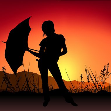 Girl with Umbrella and Red Sky clipart