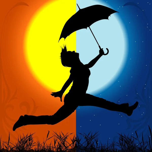 Chica saltando con paraguas — Vector de stock