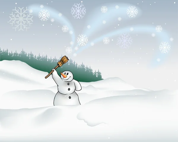 Paysage et bonhomme de neige — Image vectorielle