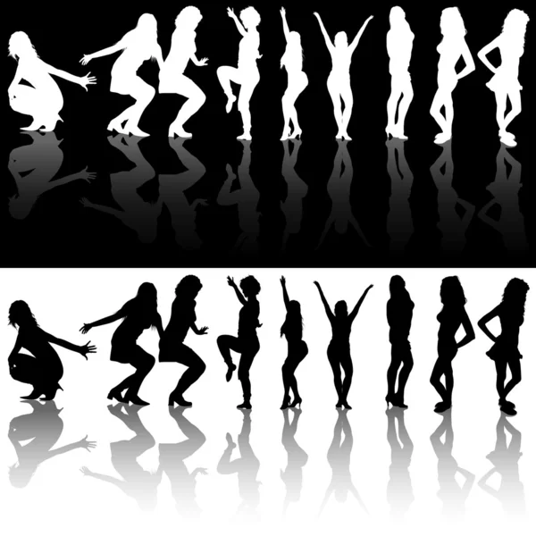 Dans eden kızlar silhouettes — Stok Vektör