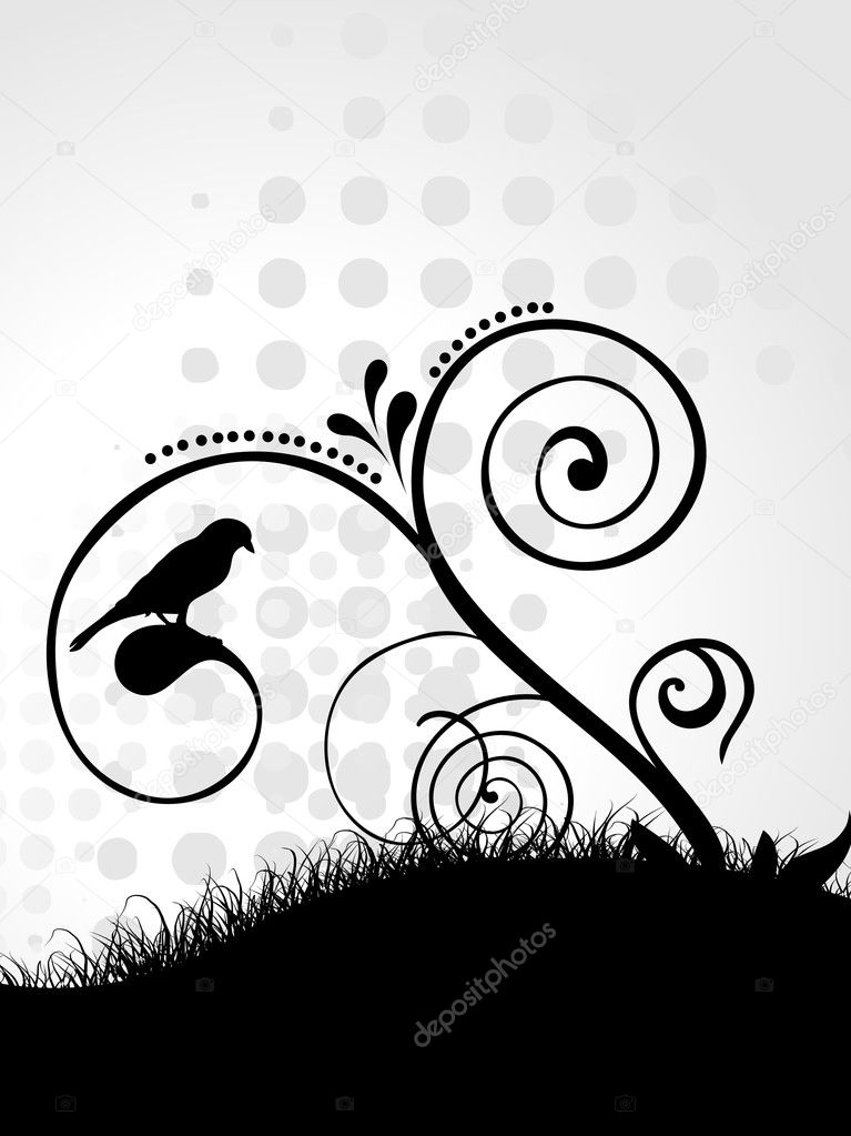 Vector silhouette of bird with florals