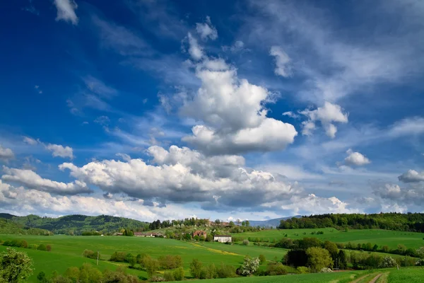 Frühlingslandschaft - grüne Felder, blauer Himmel — Stockfoto