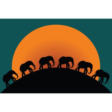 Silhouette of elephants at twillight clipart