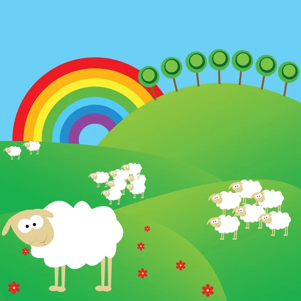 Paisagem de verão com ovelhas e arco-íris — Fotografia de Stock