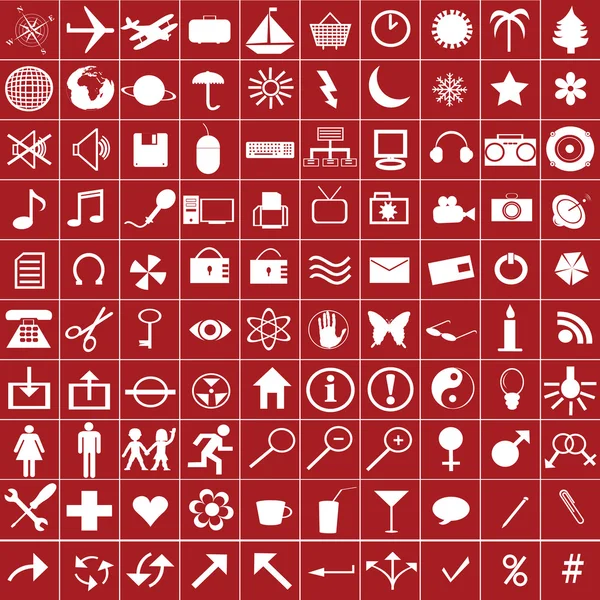 100 white web icons on red background — Stock Photo, Image