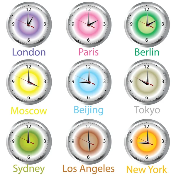 Colored clocks with timezone — Stock Photo, Image