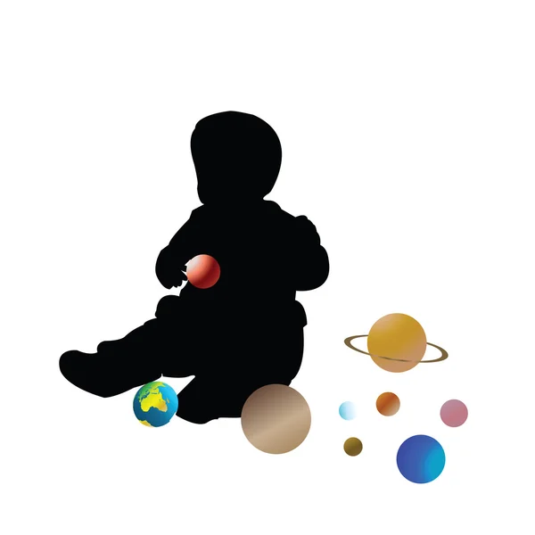 Kid playing with planets — Stock Photo, Image