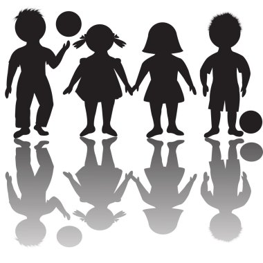 Four children silhouettes with balls clipart