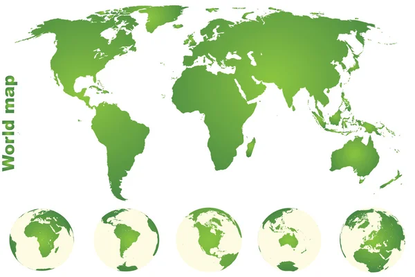 Grüne Weltkarte mit Erdkugeln — Stockfoto