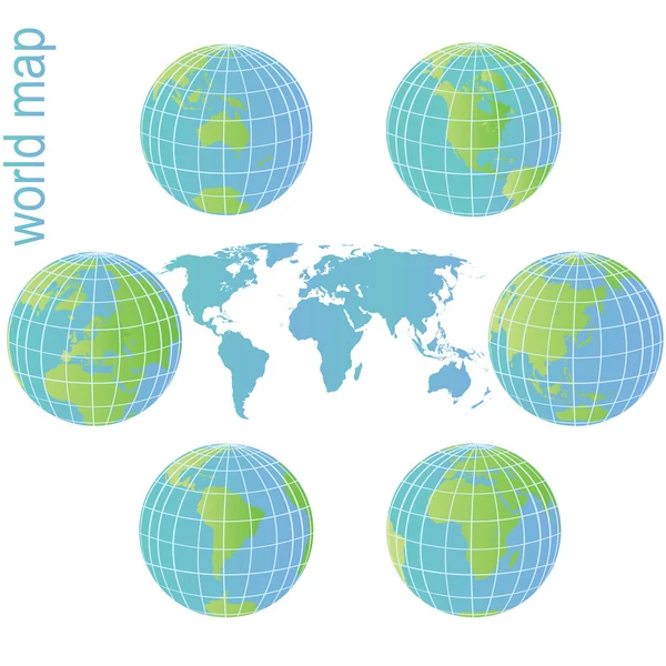 Набор земных шаров и карта мира с голубой и — стоковое фото