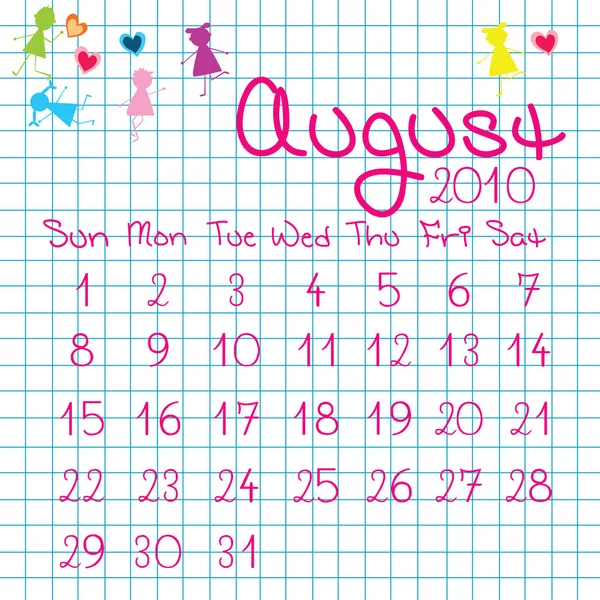 Calendário para agosto de 2010 — Fotografia de Stock